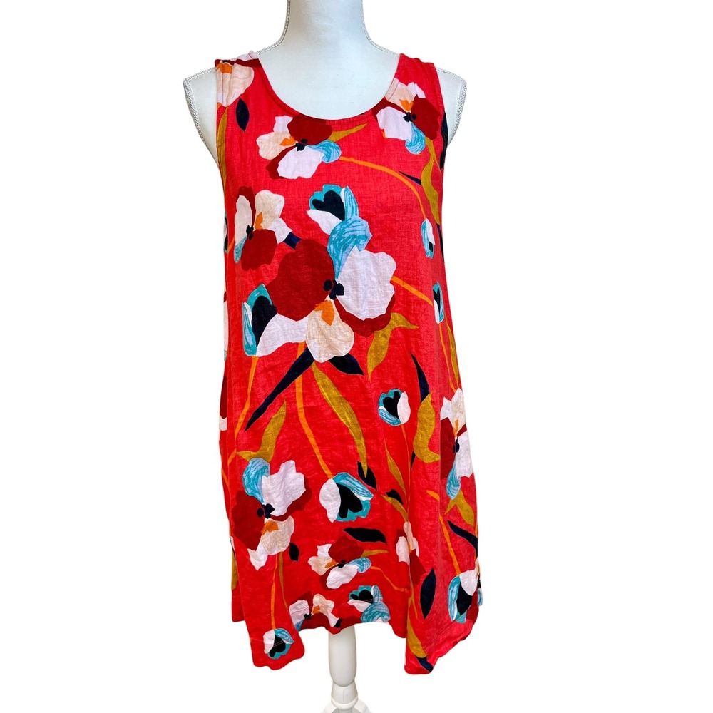 SIGRID OLSEN Linen Floral Shift Dress M Red Artsy Boho Coastal Natural Cool